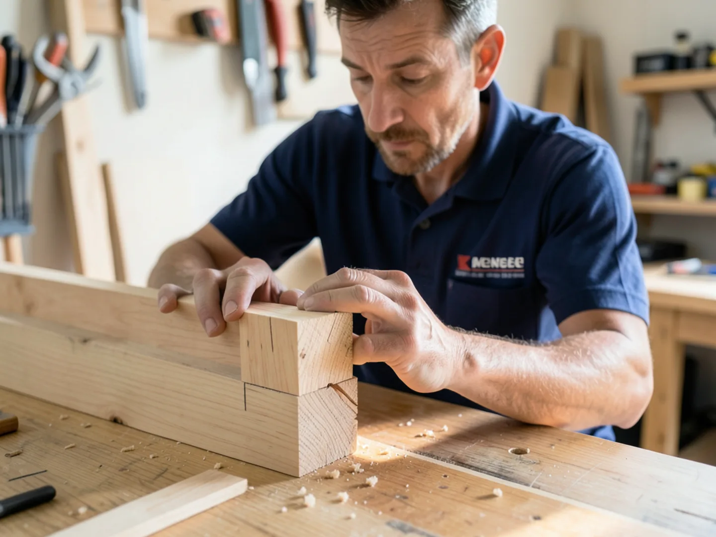 Technician inspecting hand-crafted corner miter joint verifying clean waterproof seal