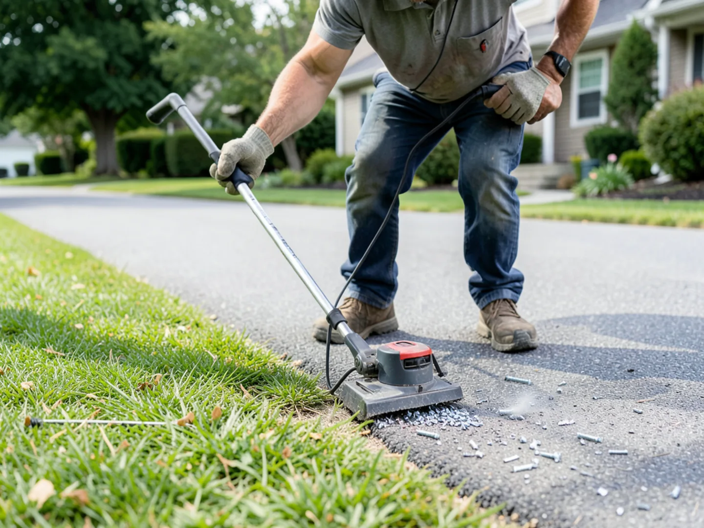 Worker rolling magnetic sweeper across driveway and lawn to collect stray metal fasteners