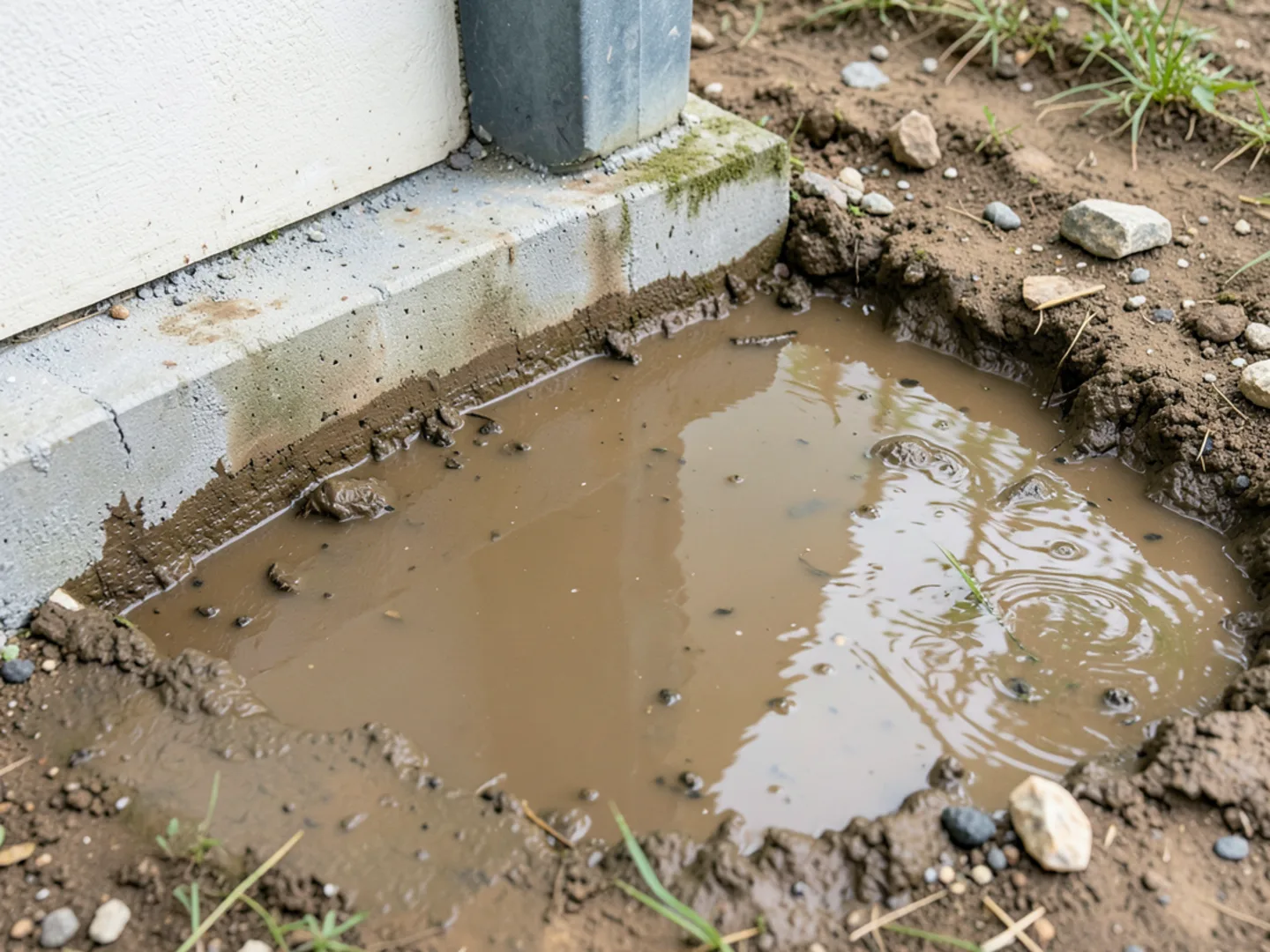 Pool of standing muddy rainwater accumulating directly against residential slab footing
