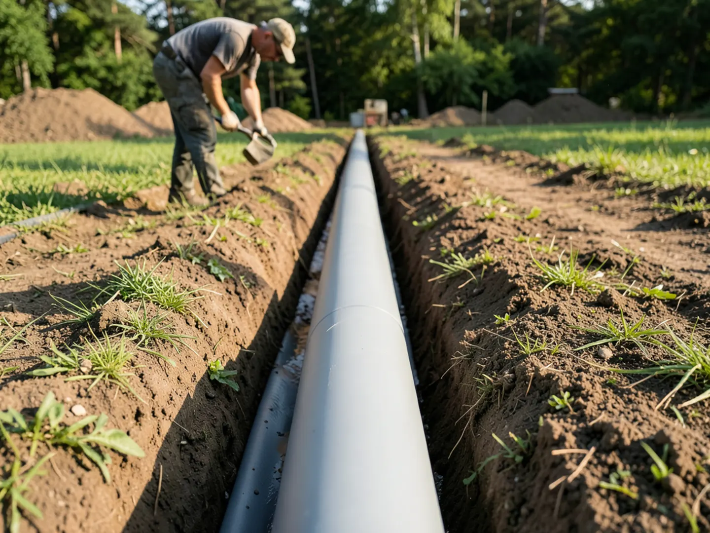 Smooth PVC pipe laid in yard trench directing roof runoff 10 feet out toward front swale