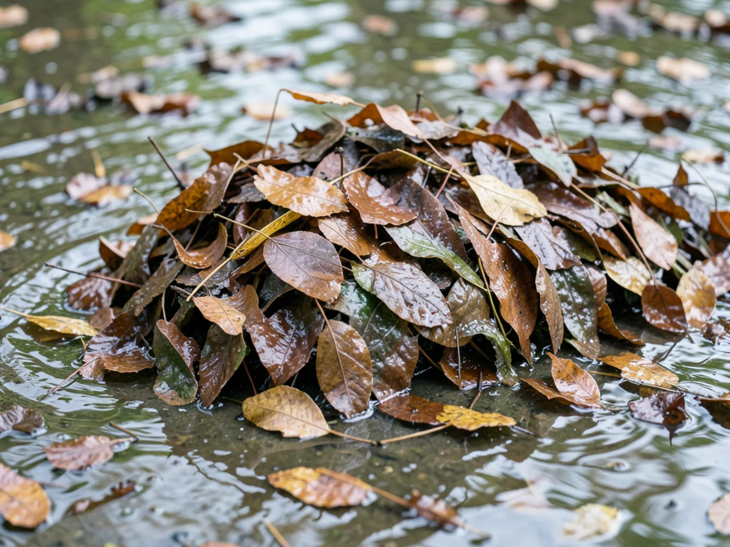 Open gutter channel filled with leaves spilling water over front lip during rainfall
