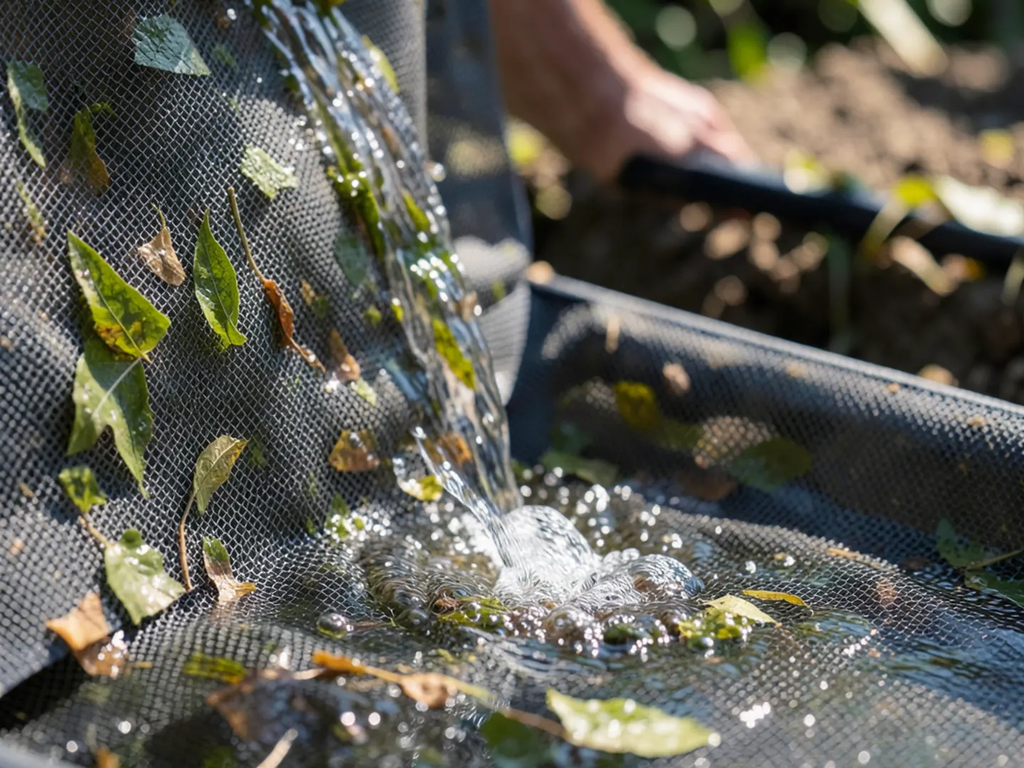 Water pulling cleanly through micro-mesh openings while dry oak leaves rest on surface