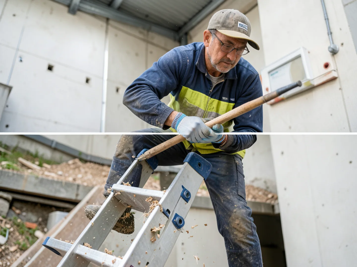 Technician on stabilized ladder scooping wet debris during semi-annual maintenance