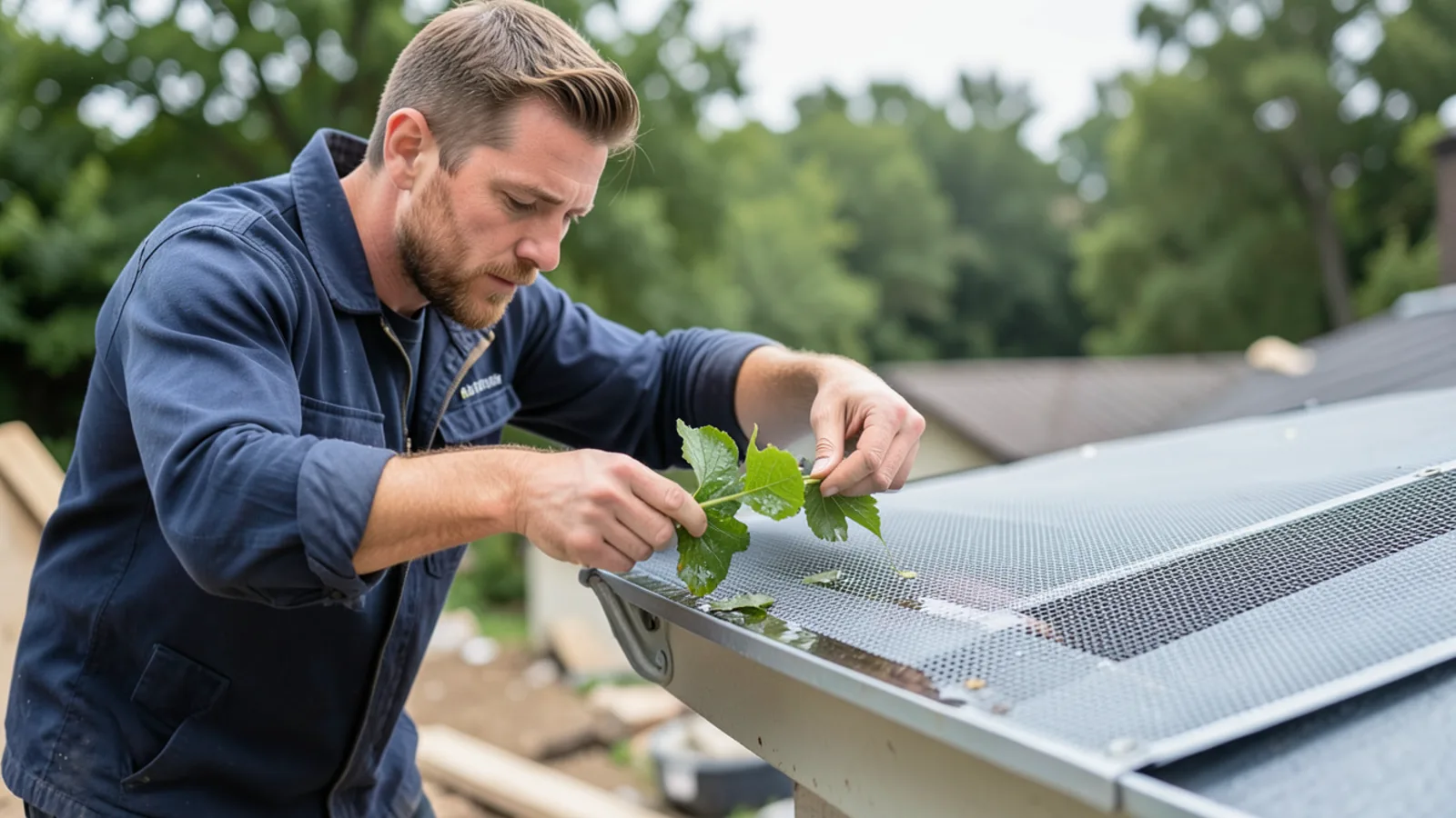 Technician holding wet scooped leaves beside clean micro-mesh guard panel on roof edge