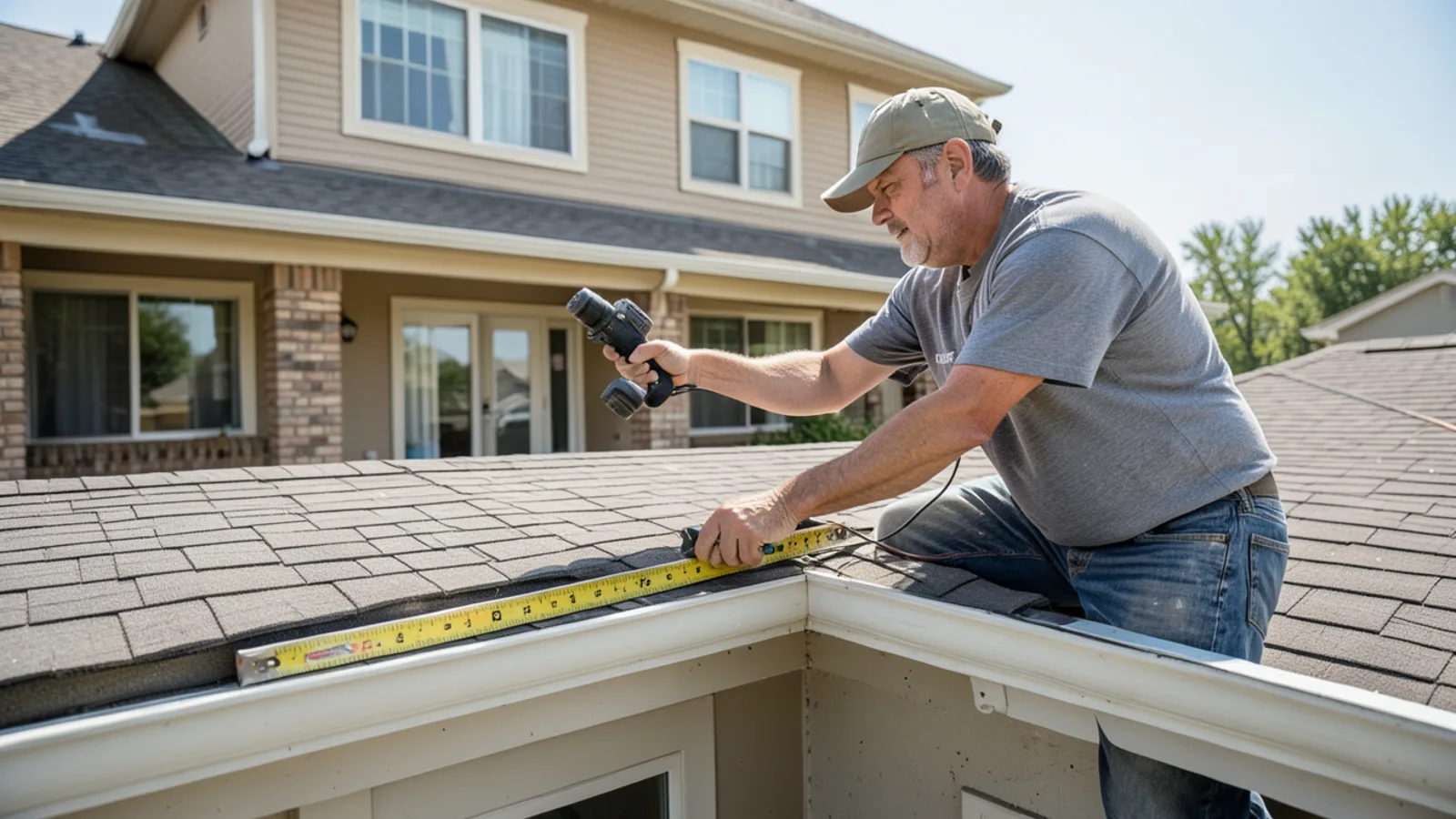 Estimator calculating linear footage of suburban home roofline for seamless gutter project