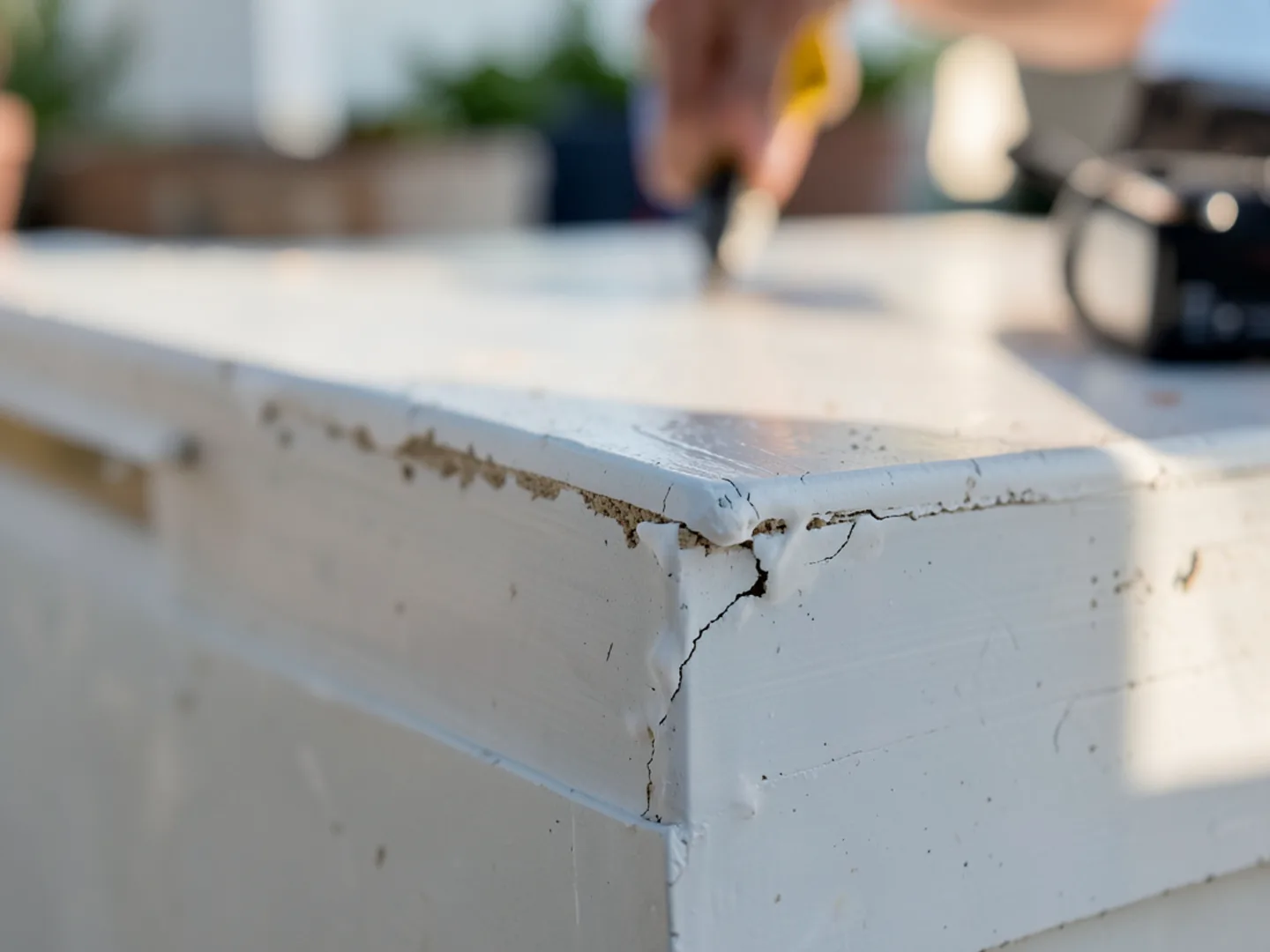 Inspecting corner miter sealant verifying no cracks or thermal separation gaps