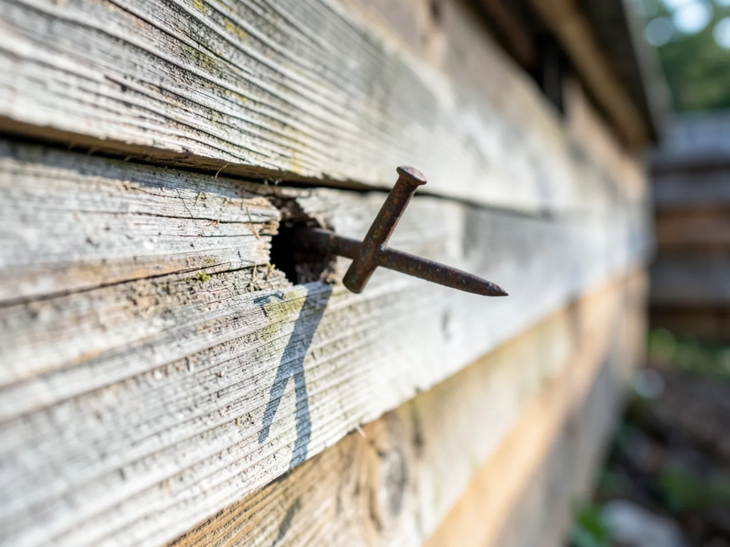 Loose metal gutter spike pulling out from weathered wood fascia board with visible gap