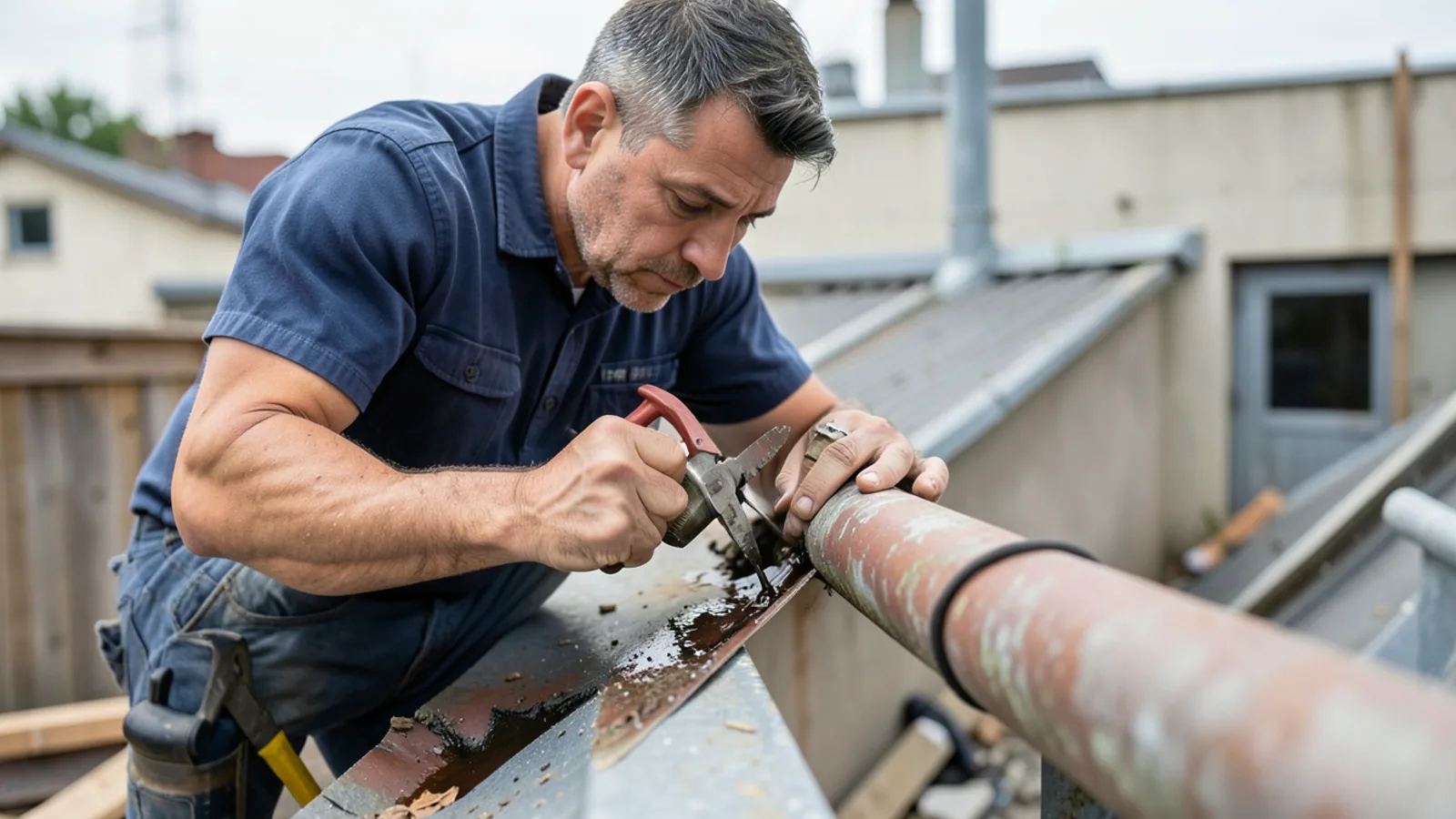 Technician inspecting leaking seam on old sectional gutter calculating repair vs replacement