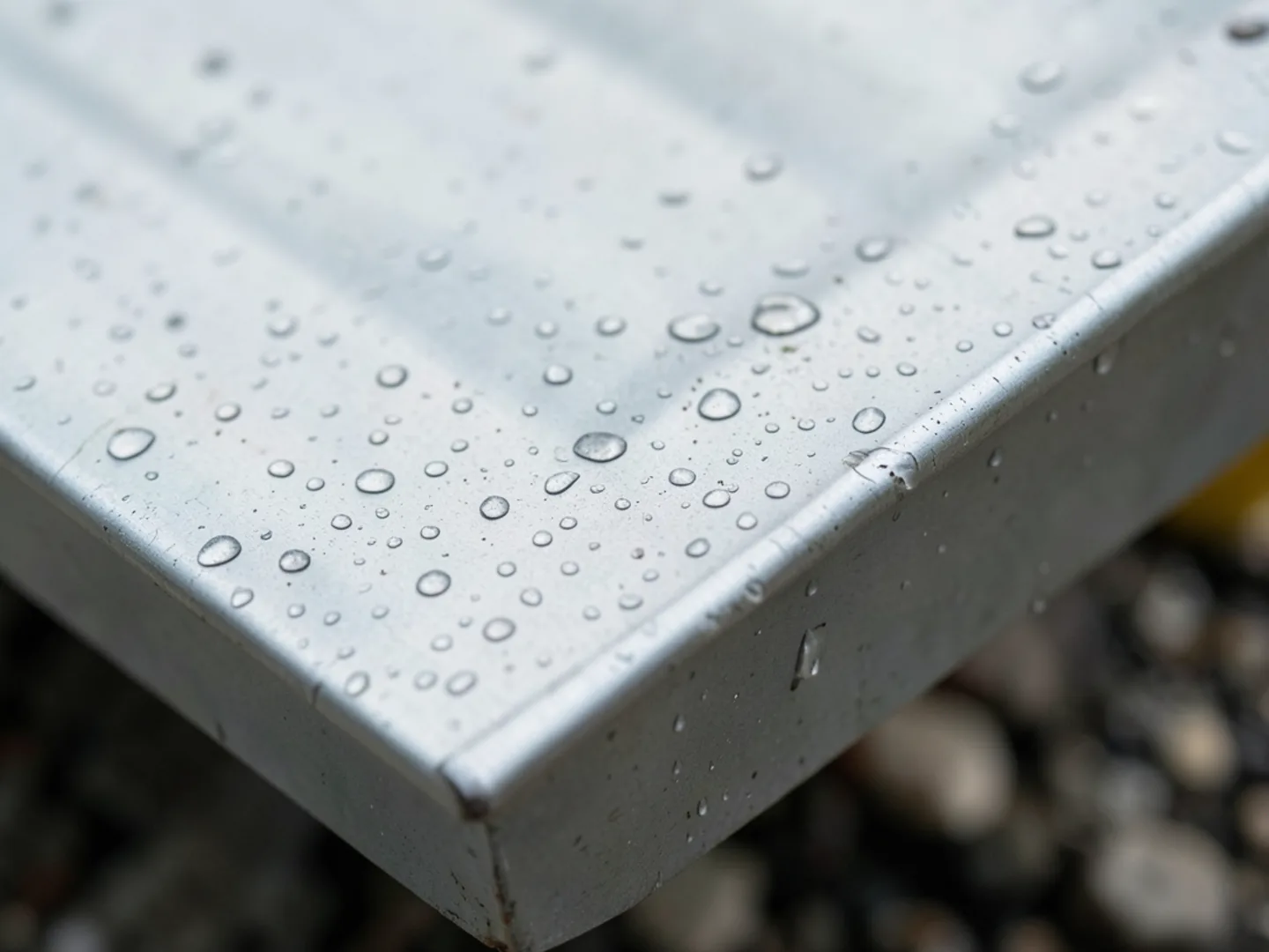 Detailed view of circular hail impact dimples on painted aluminum gutter surface
