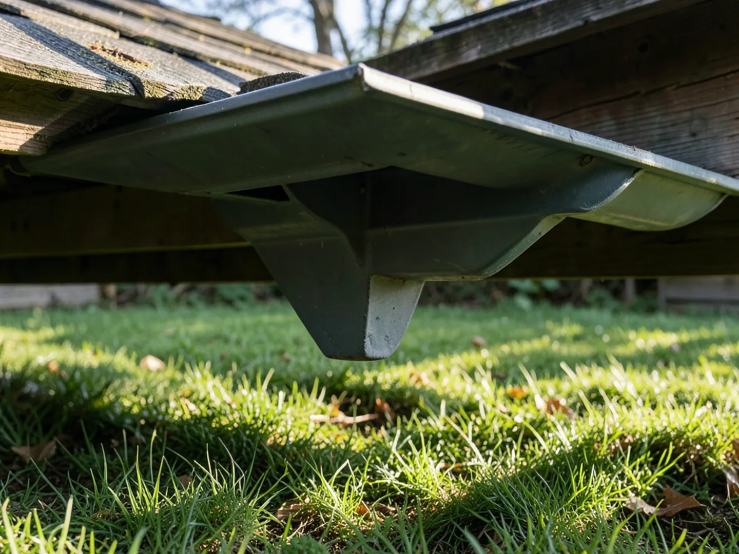 Detached gutter section resting on grass beneath roofline after severe storm winds