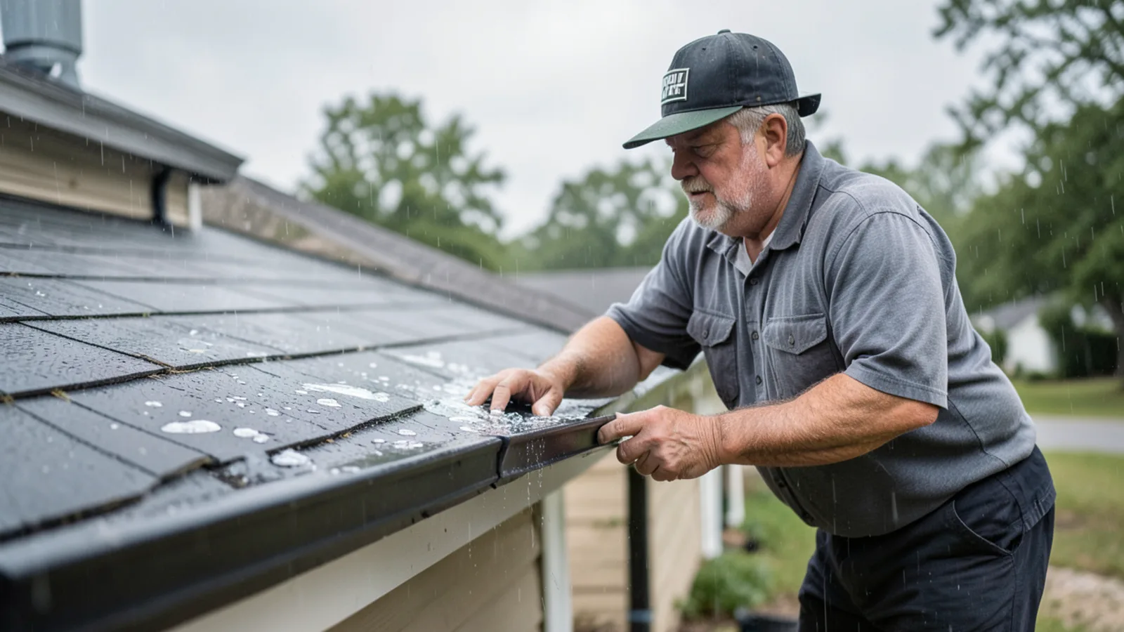 Technician examining hail strike damage on aluminum gutter after storm in Katy