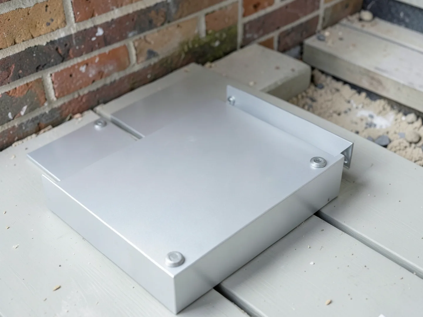 Fan deck of powder-coated aluminum color chips matched against residential brick and trim