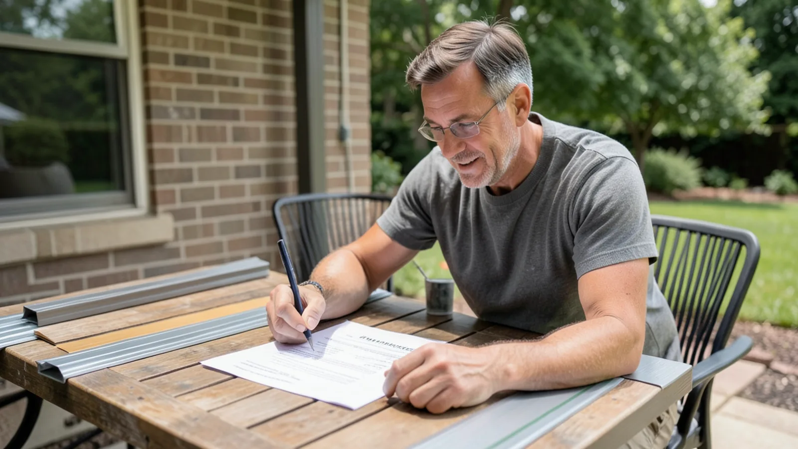 Homeowner reviewing HOA architectural approval documents with color sample strips of gutters