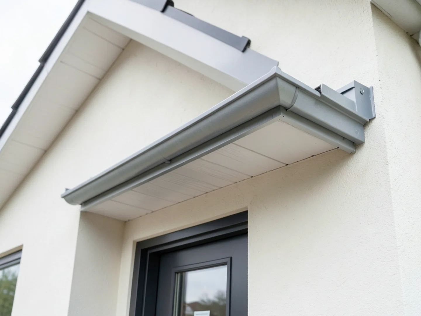 New production home with a short gutter section only over front entry doorway