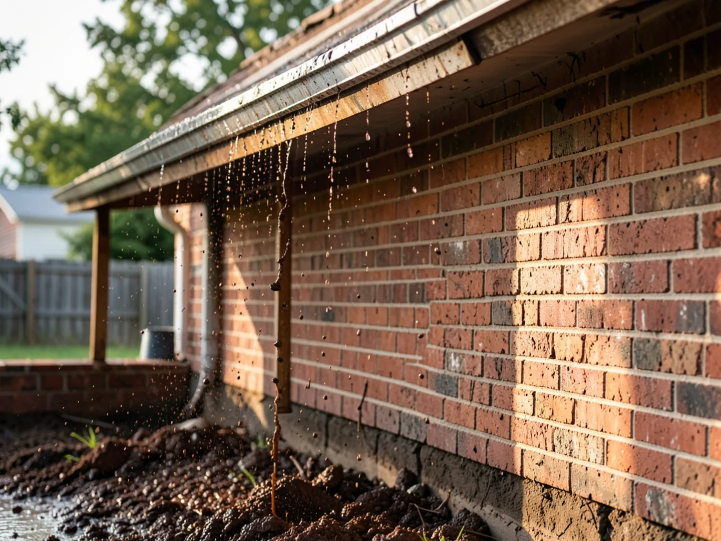Mud splattering along new brick siding caused by uncontrolled roof runoff cascading down