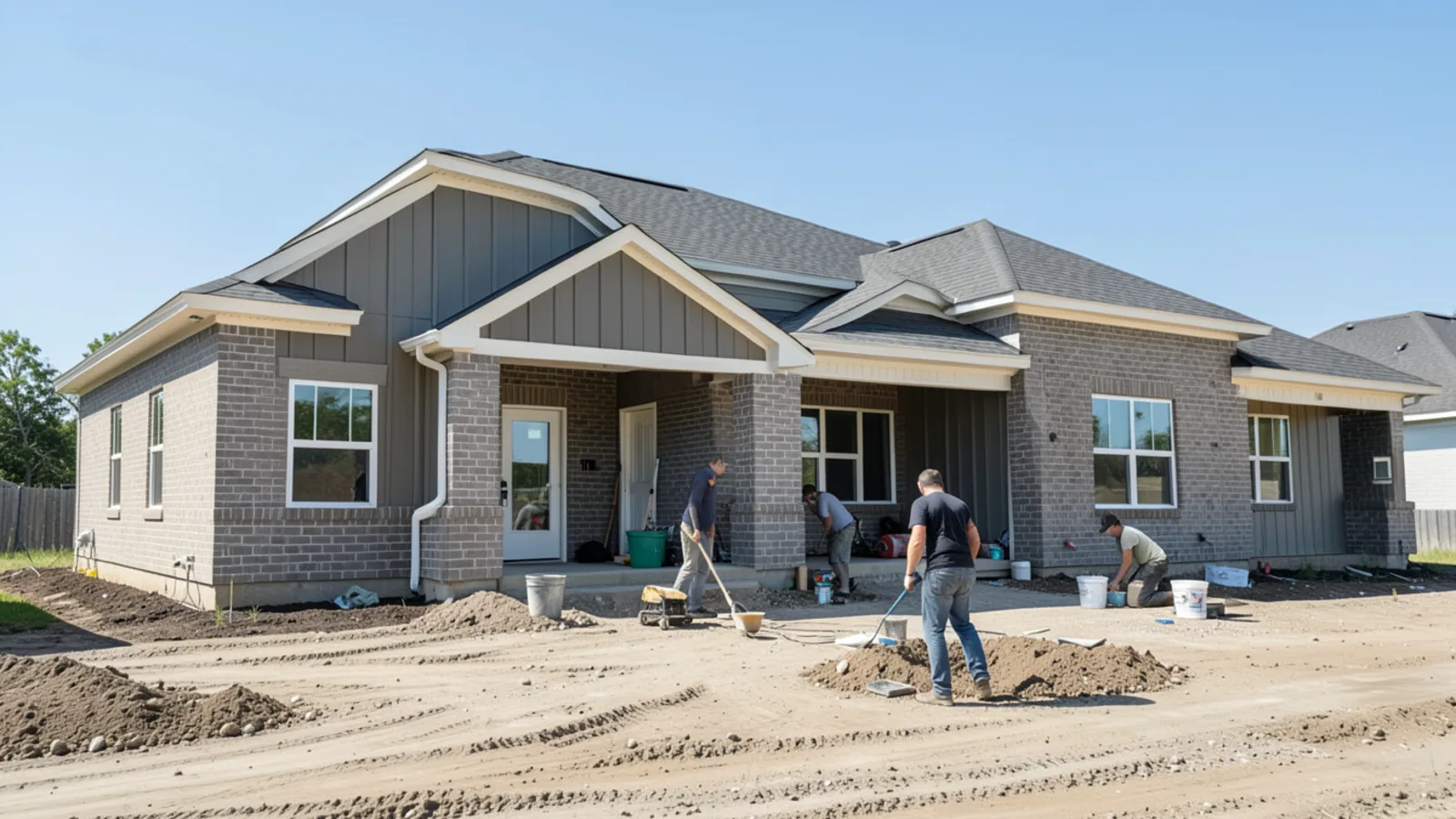 Newly constructed Katy home showing bare roof eaves without gutters on side elevations