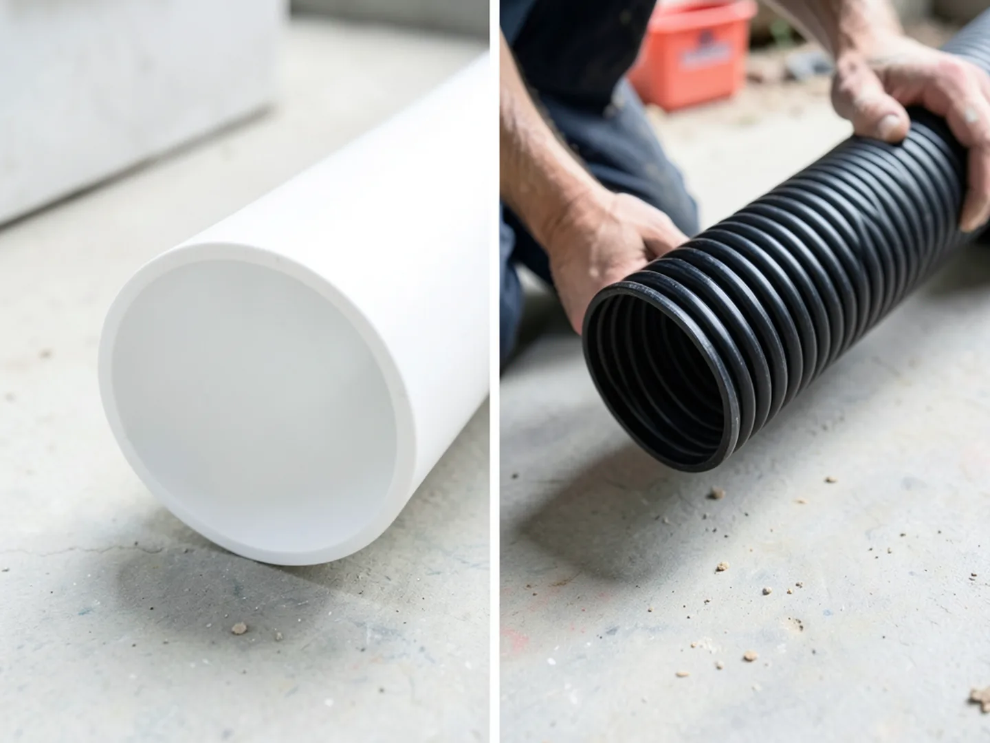 Side by side visual comparison of solid rigid PVC pipe and black corrugated flex tubing