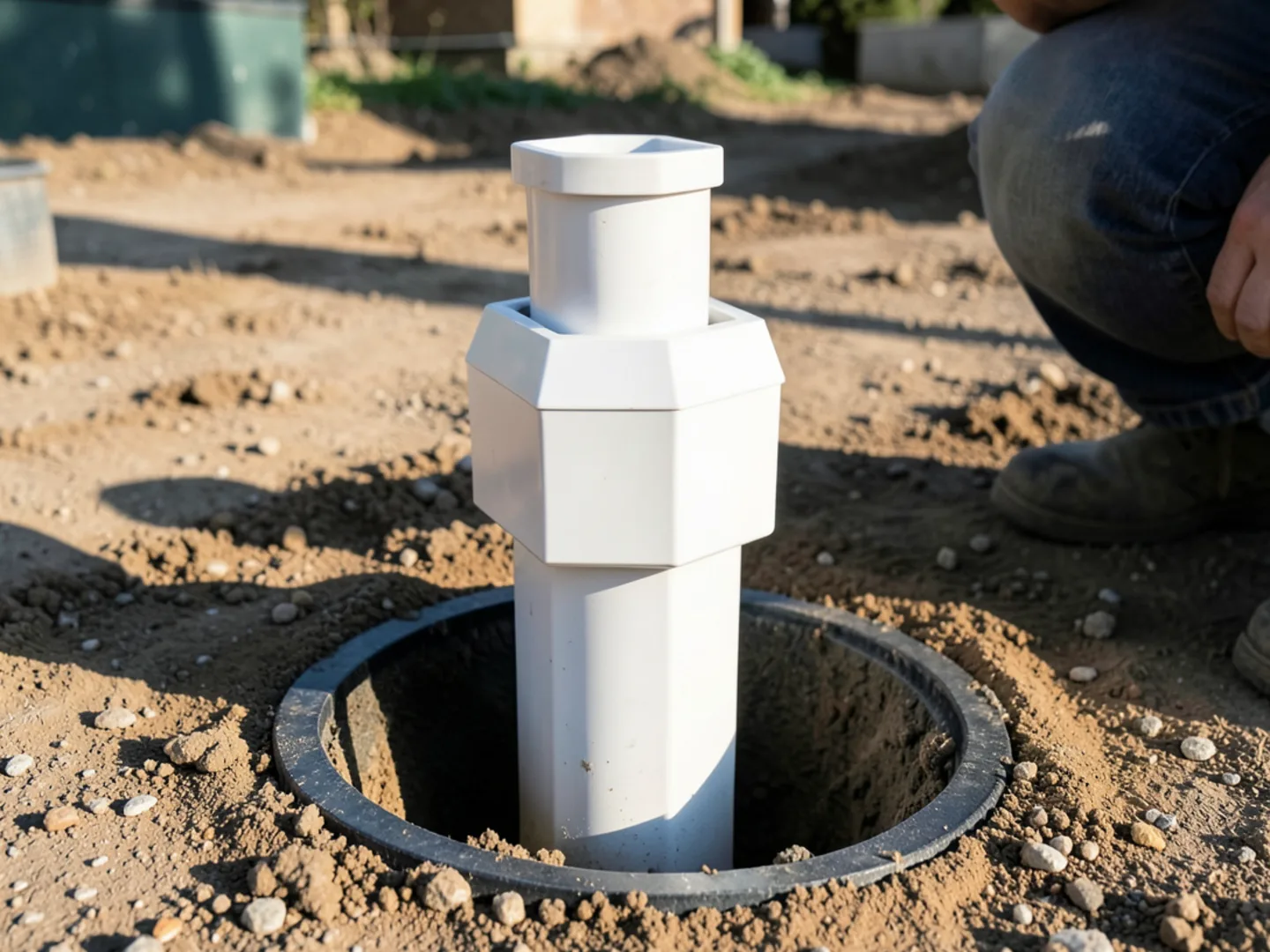 White PVC cleanout adapter connecting aluminum downspout into subterranean drainage pipe