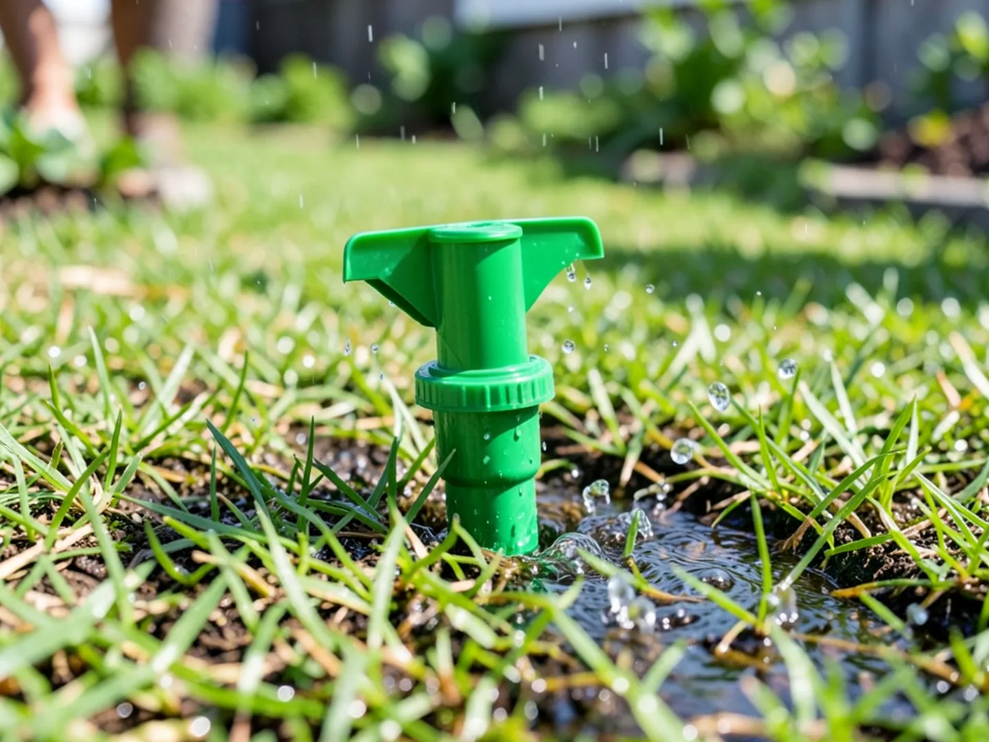 Pop-up drainage emitter discharging stormwater cleanly across lawn away from foundation