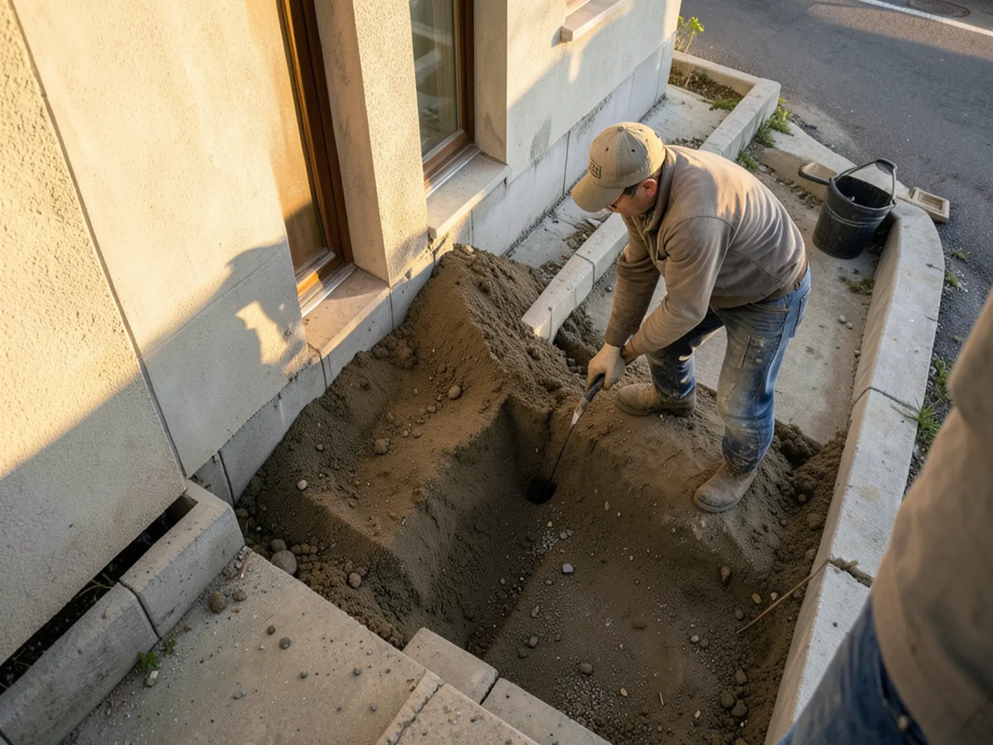Trench graded with 1 percent downward slope away from foundation toward community swale