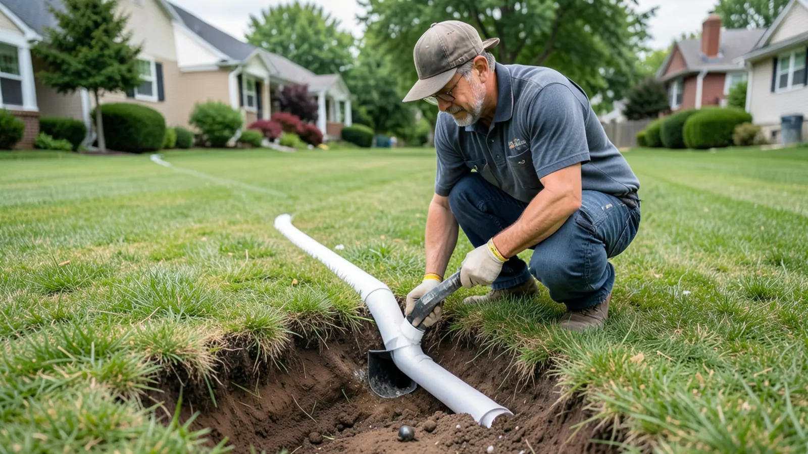Landscaping technician laying solid PVC pipe in yard trench connecting downspout to drain