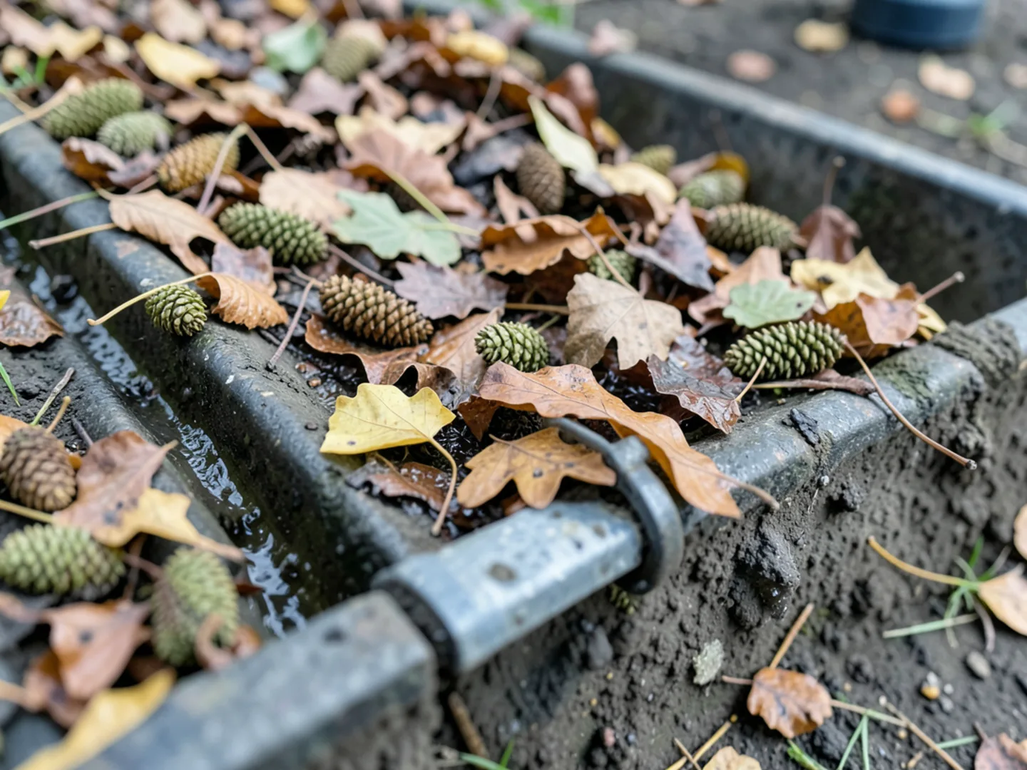 Close-up of open gutter channel packed with wet oak leaves and decomposed silt