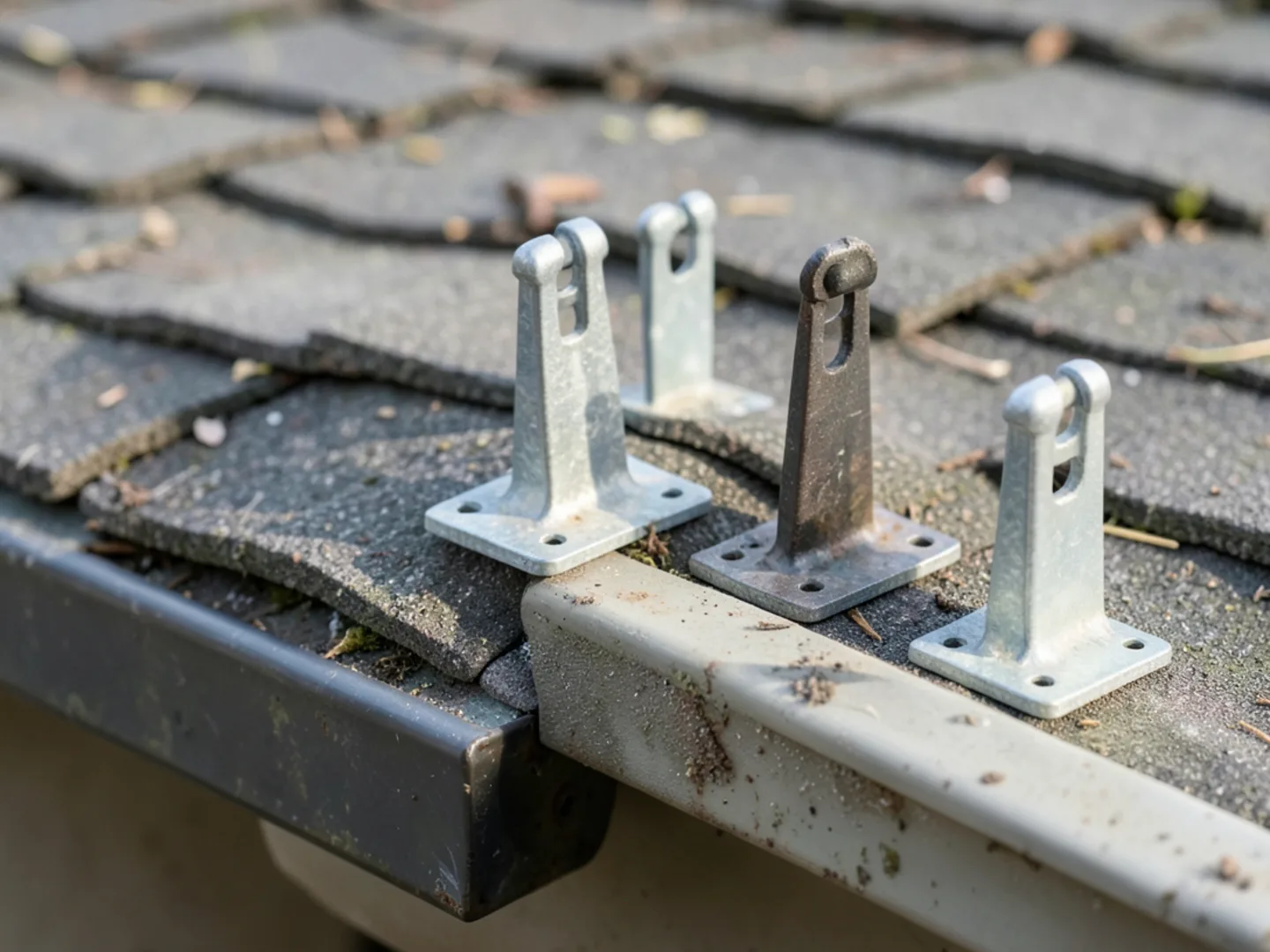 Ladder standoff bracket resting on shingles protecting gutter edges from dents