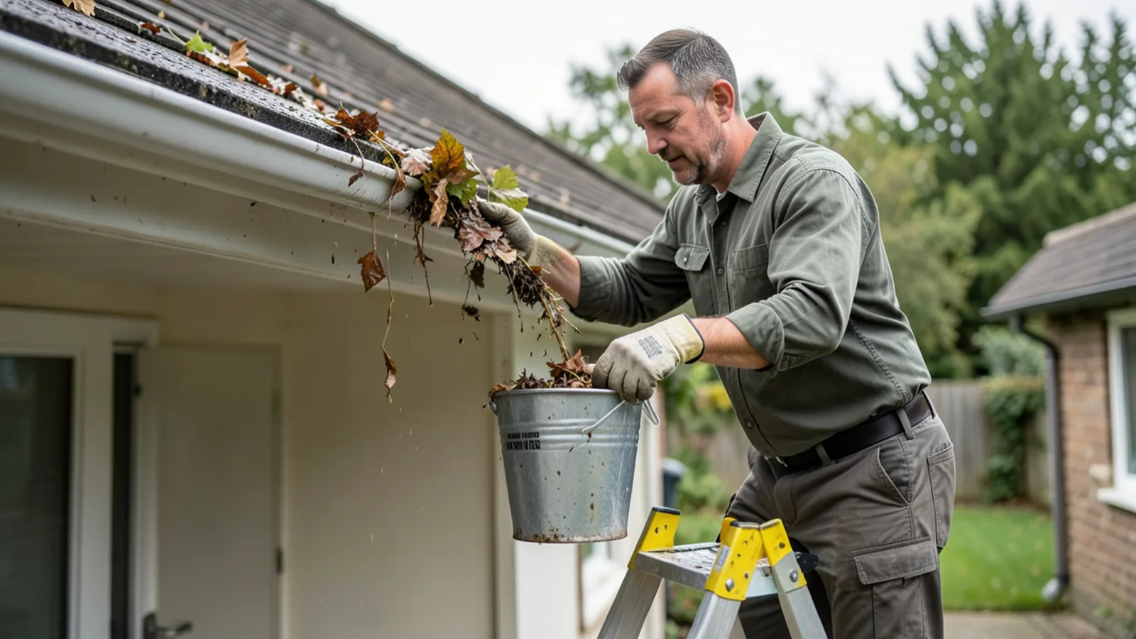 Gutter cleaning specialist on ladder with standoff scooping wet leaves into collection bucket