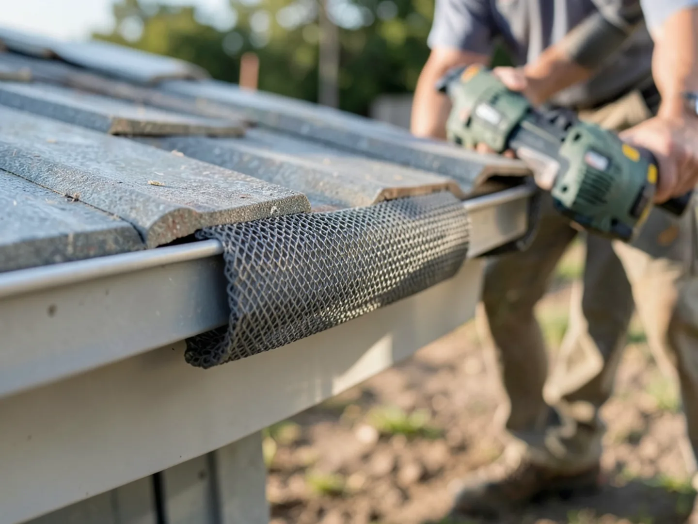 Detail of guard panel securing to gutter front lip without penetrating roof shingles