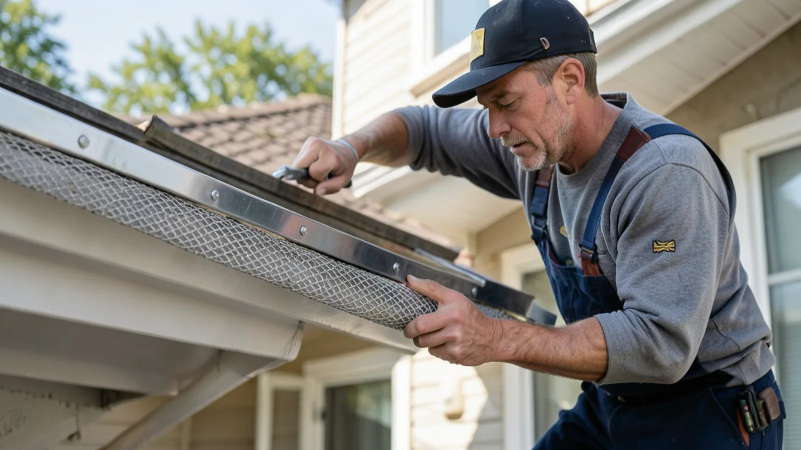 Technician fitting stainless steel micro-mesh gutter guards along residential roof edge