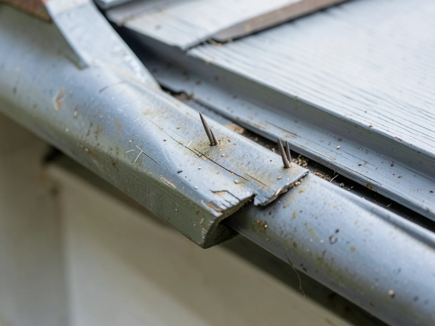 Sagging gutter pulling away from painted wooden fascia board showing pulled spikes