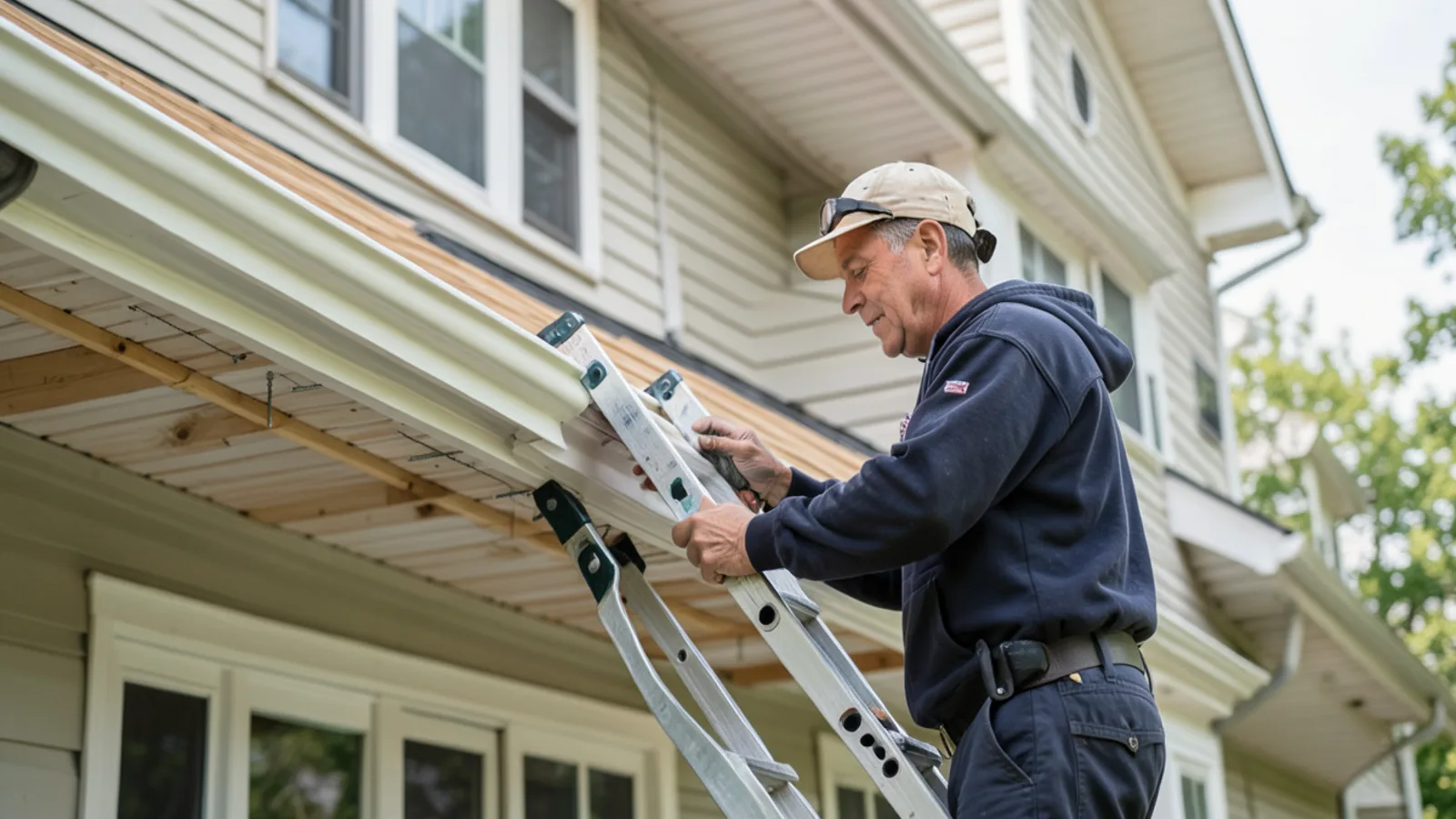 Technician on extension ladder realigning and reattaching sagging gutter on Katy home