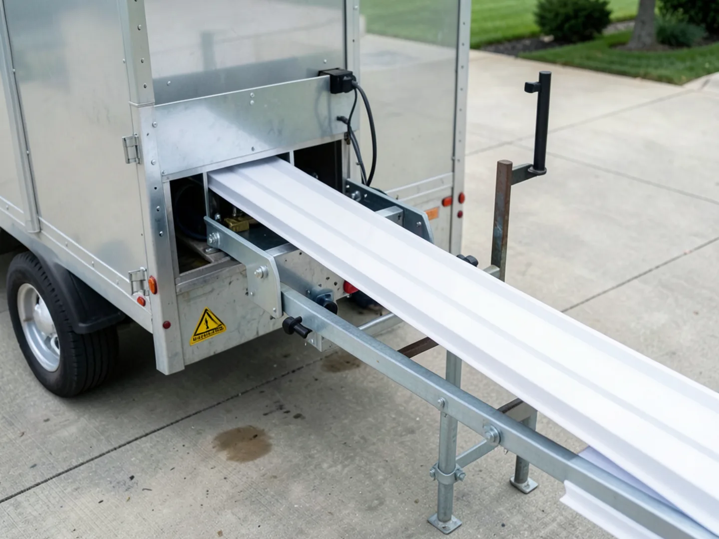 Seamless gutter roll-forming machine extruding custom aluminum lengths in a Katy driveway
