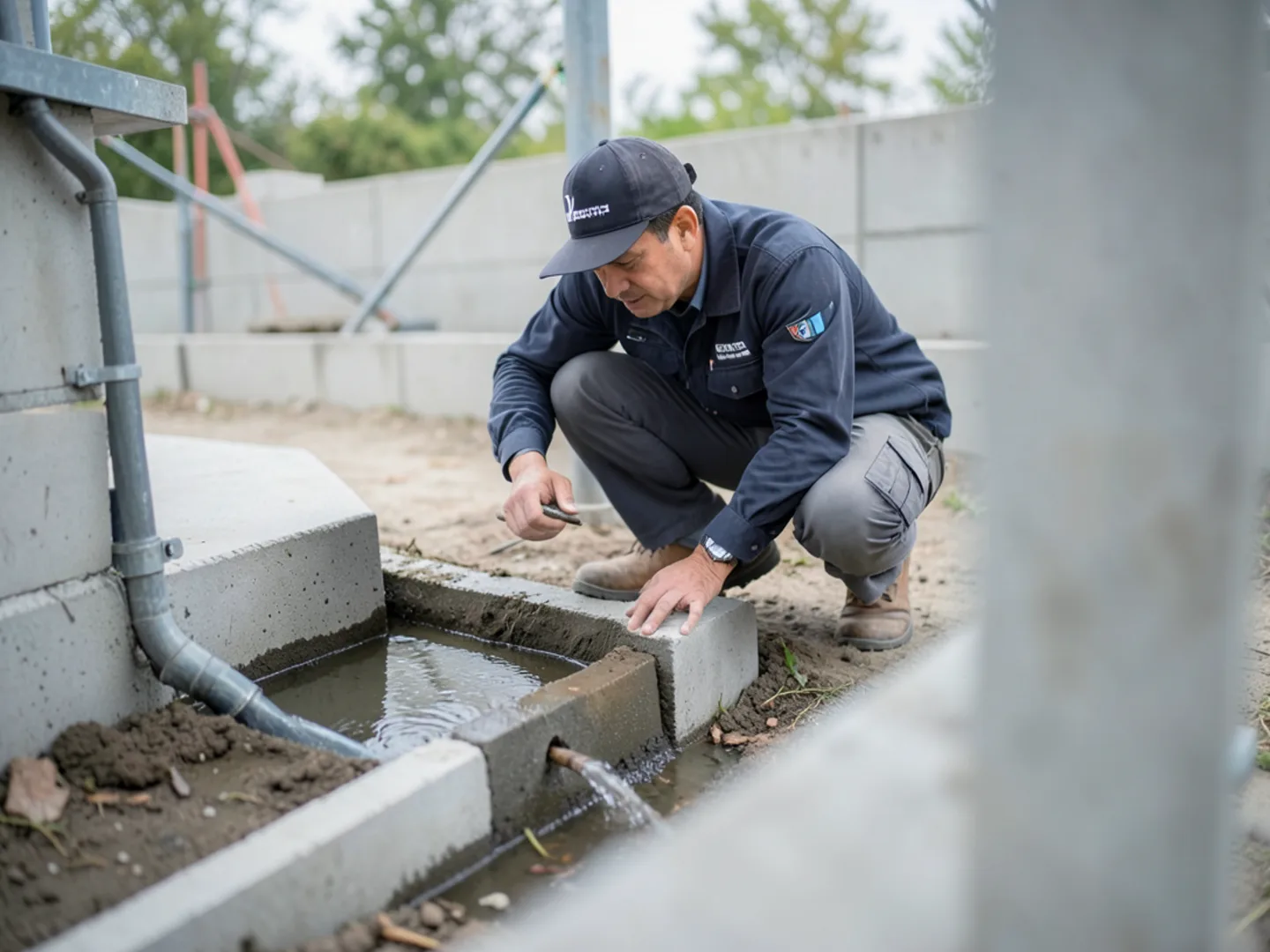 Technician evaluating soil moisture and foundation grading around Katy concrete slab