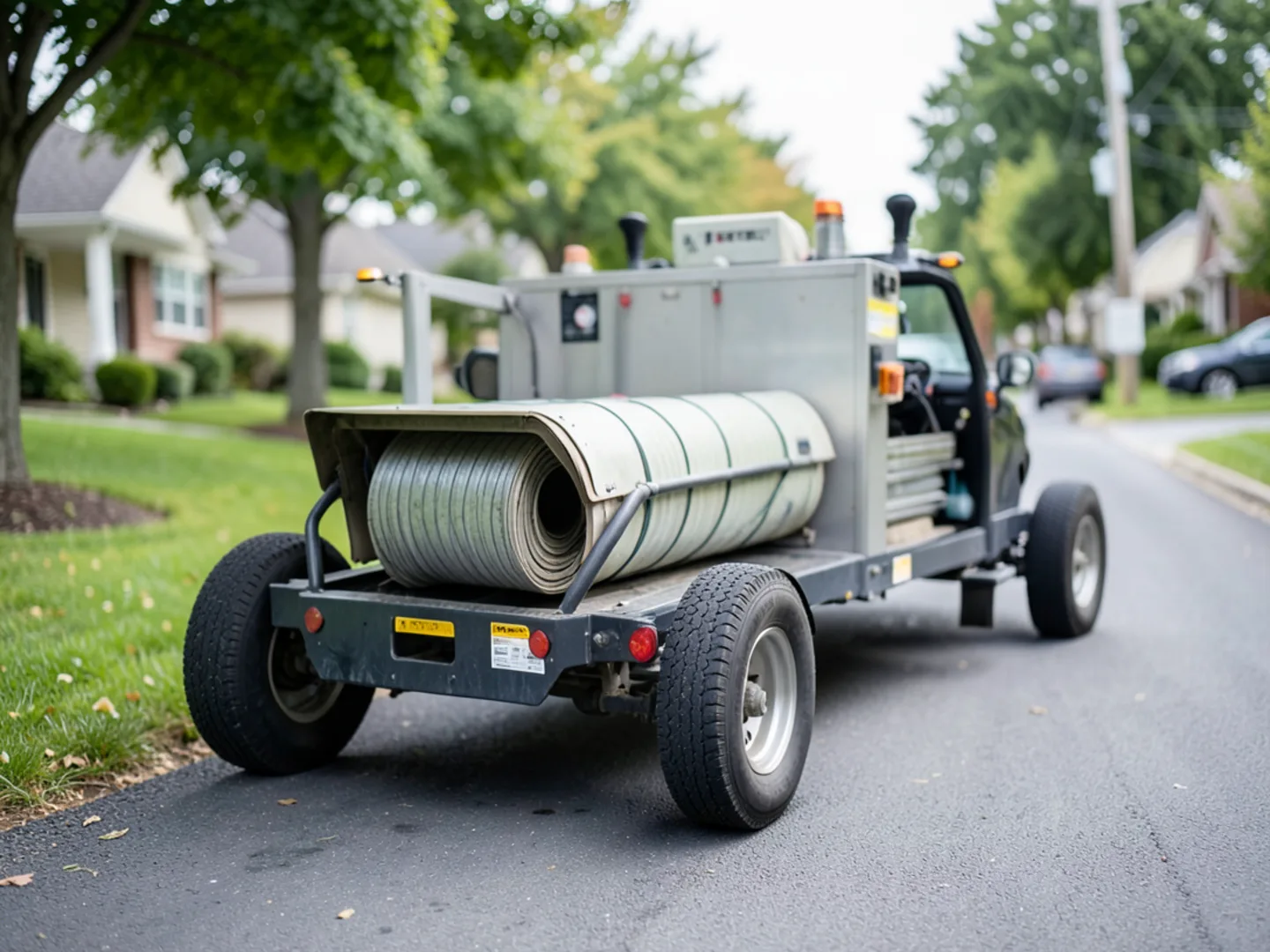 Hydro Seamless Gutters service truck and fabrication trailer on a residential Katy street