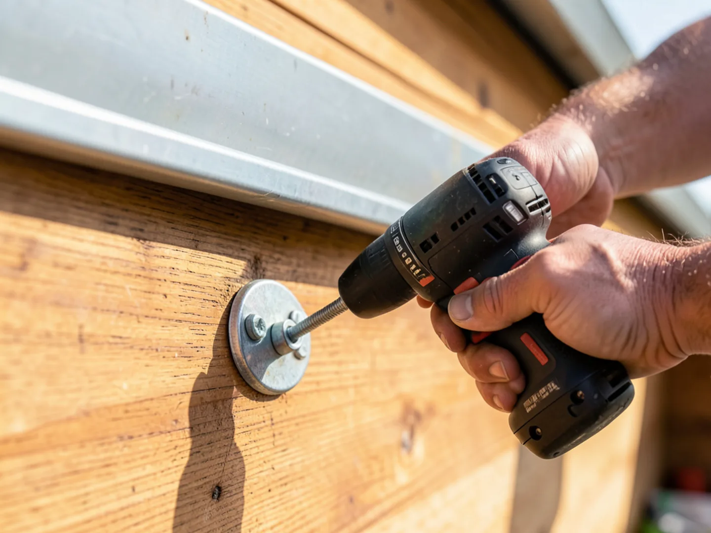 Cordless drill driving zinc-coated screw through hidden hanger into wood subfascia