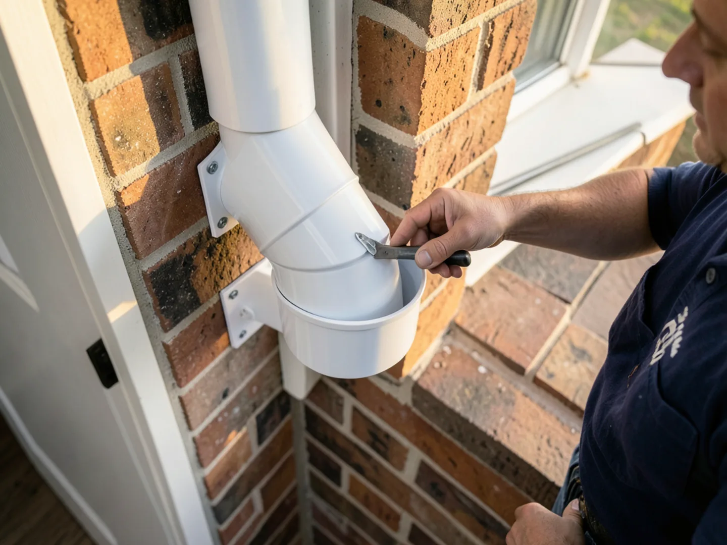 Installer fastening 3x4 aluminum downspout securely to exterior brick with mounting strap