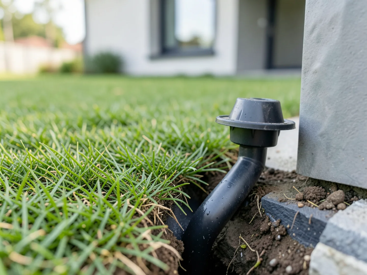 Subsurface PVC drain pipe discharging water safely through lawn pop-up emitter away from slab