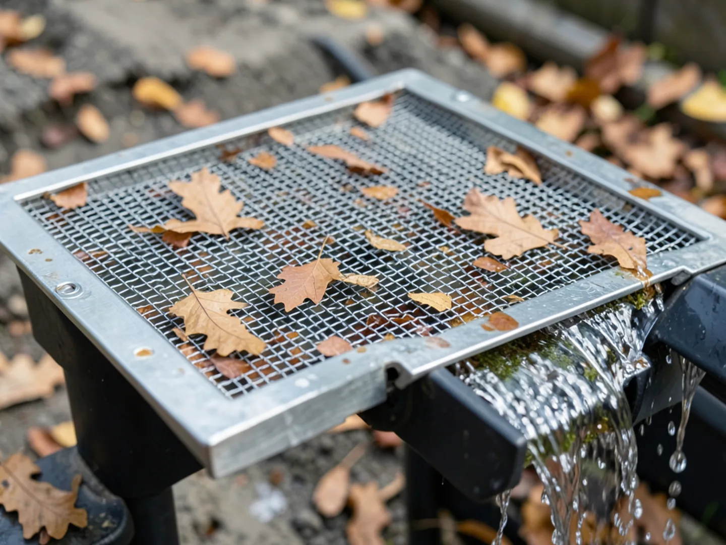 Stainless steel micro-mesh gutter guard shedding dry oak leaves while rain drains through