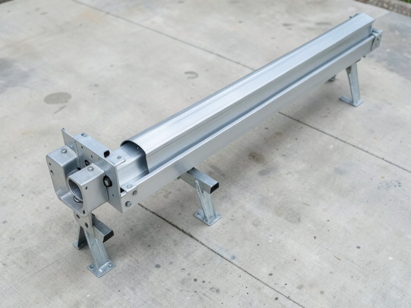 Mobile roll-forming machine shaping custom continuous .032 aluminum gutter on driveway