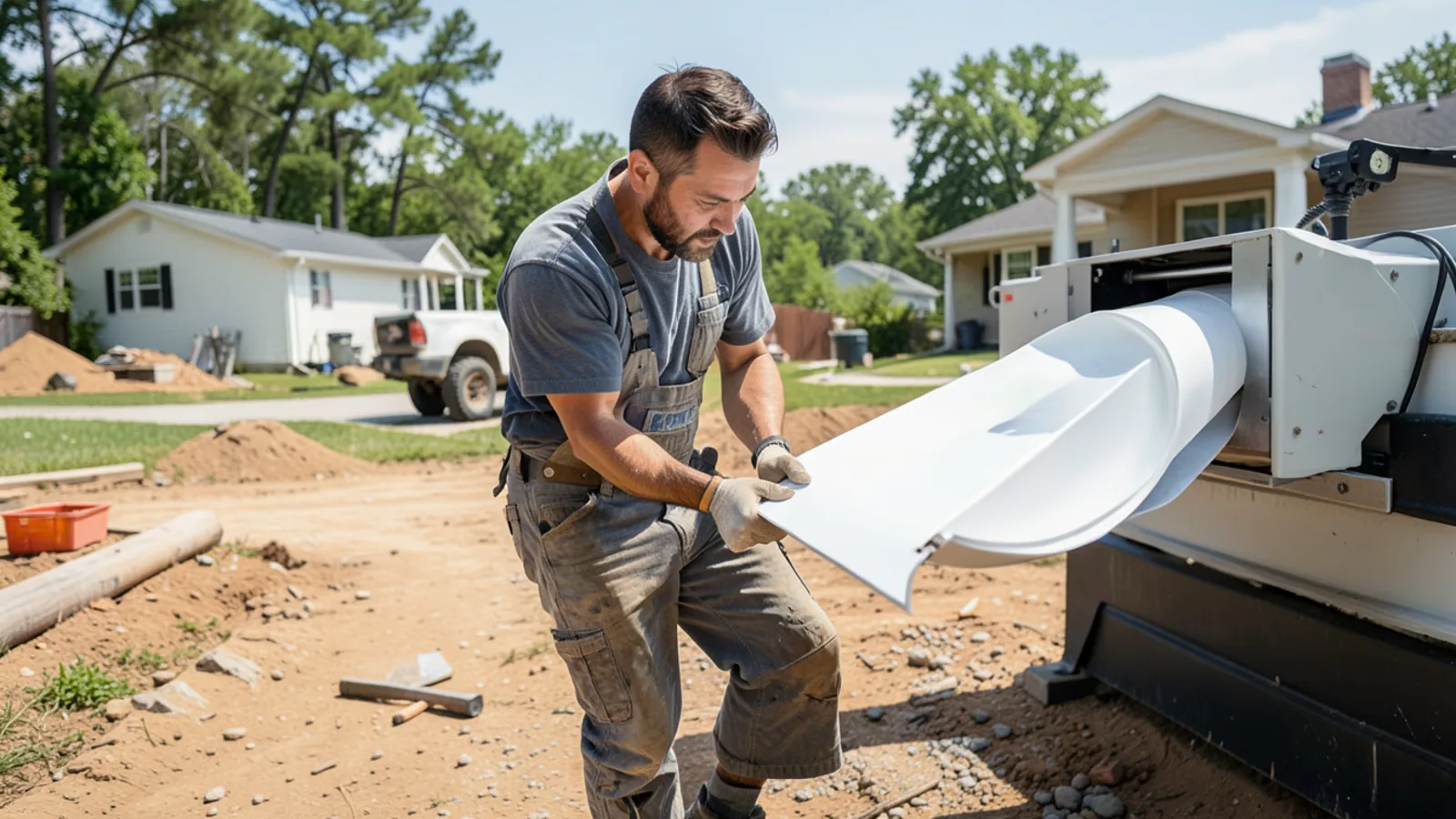 Installer guiding a continuous seamless gutter run as it extrudes from mobile roll-former in Katy