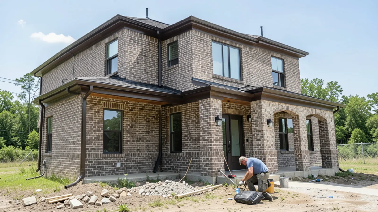 Two-story stone and brick home in Cross Creek Ranch Fulshear with new dark bronze seamless gutters