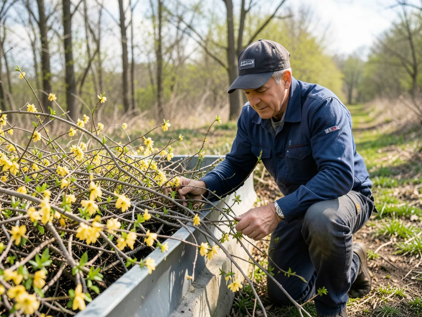 Technician hand-clearing dense spring pecan flower catkins and twigs from open gutter