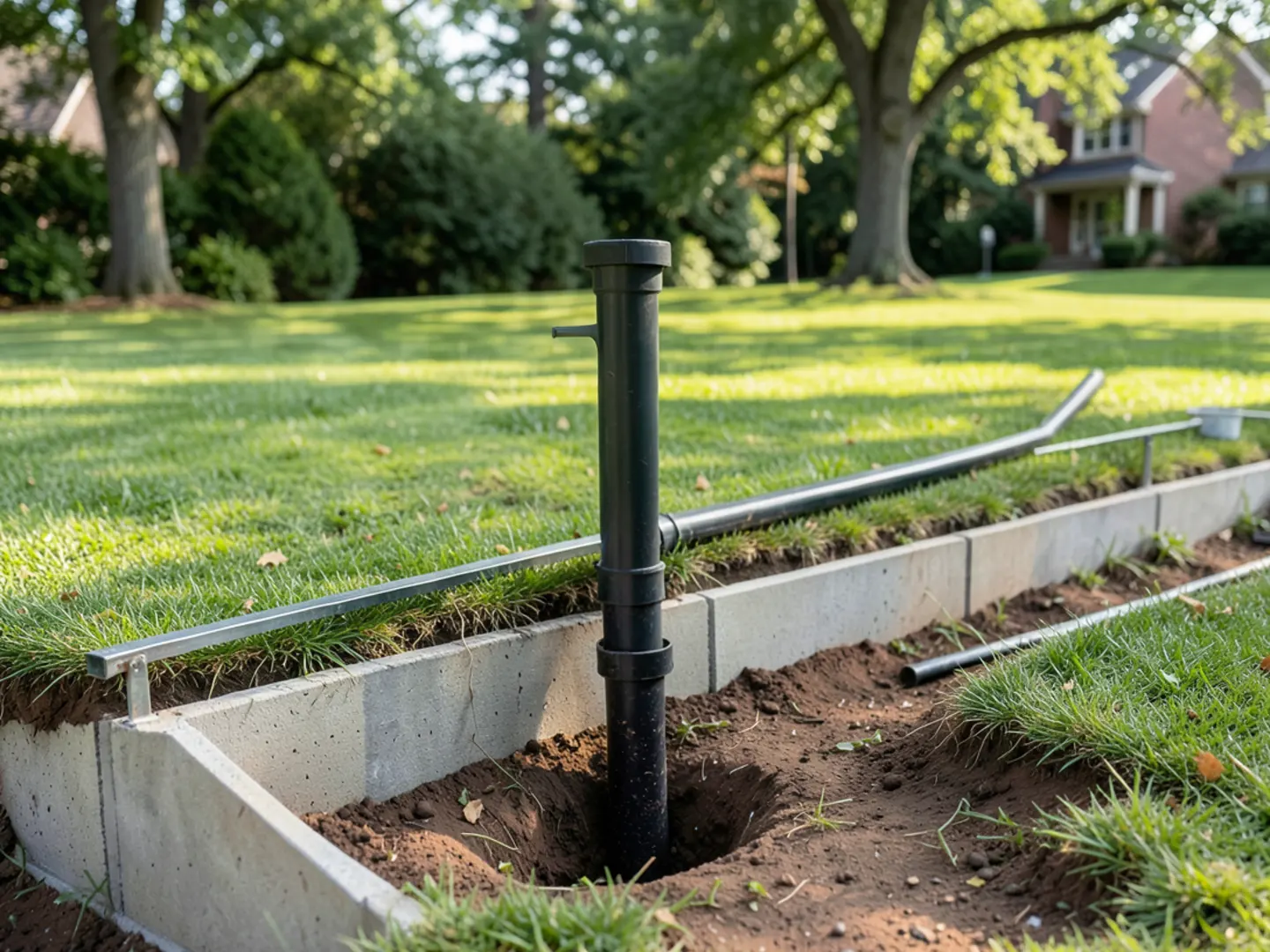Subsurface downspout pipe installed across lawn in Harvest Green protecting foundation slab