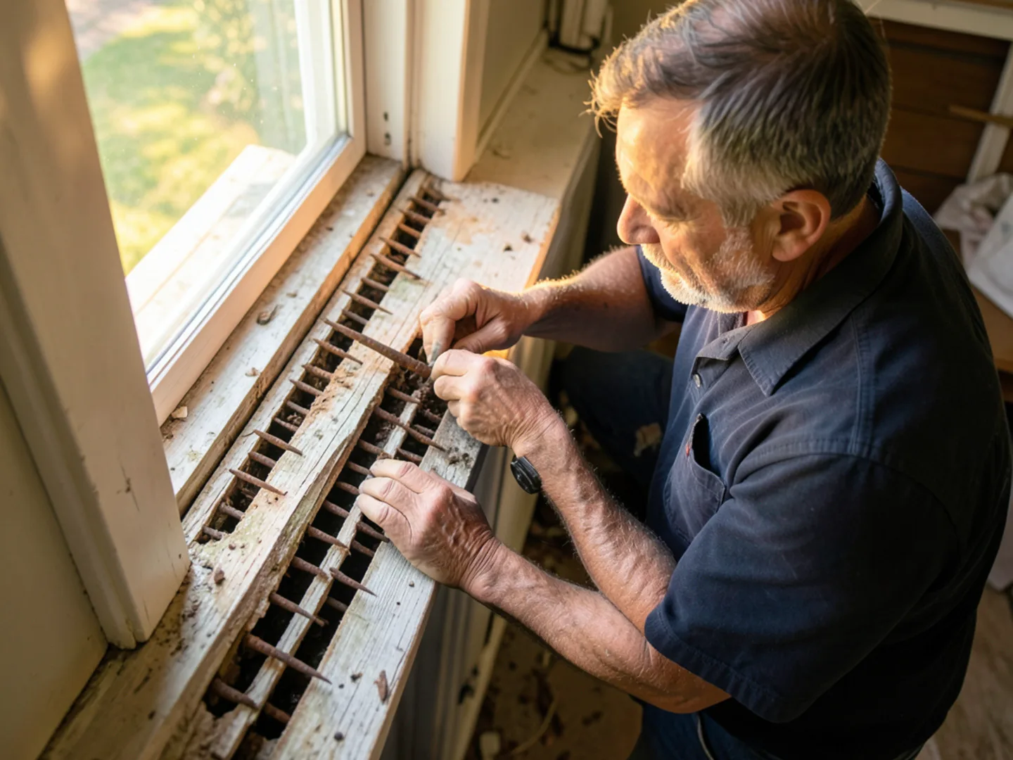 Technician removing old loose spikes from weather-worn wood fascia on older Richmond home