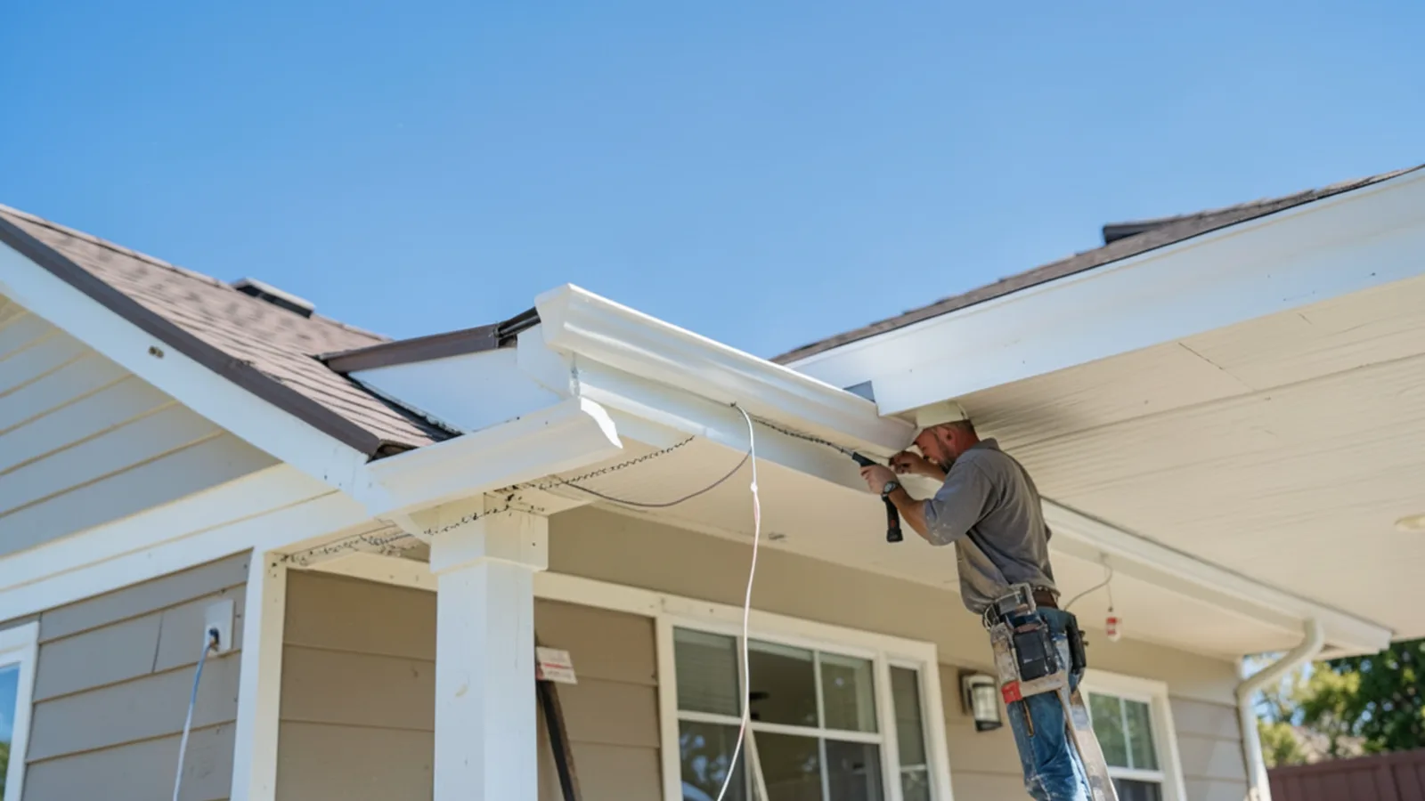 Seamless aluminum gutter run along roof eave on suburban home in Rosenberg Texas