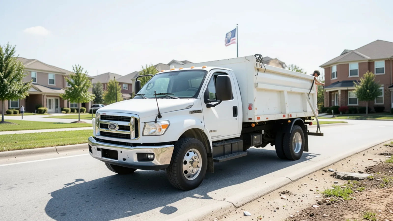 Hydro Seamless Gutters service truck and mobile fabrication trailer driving through West Houston