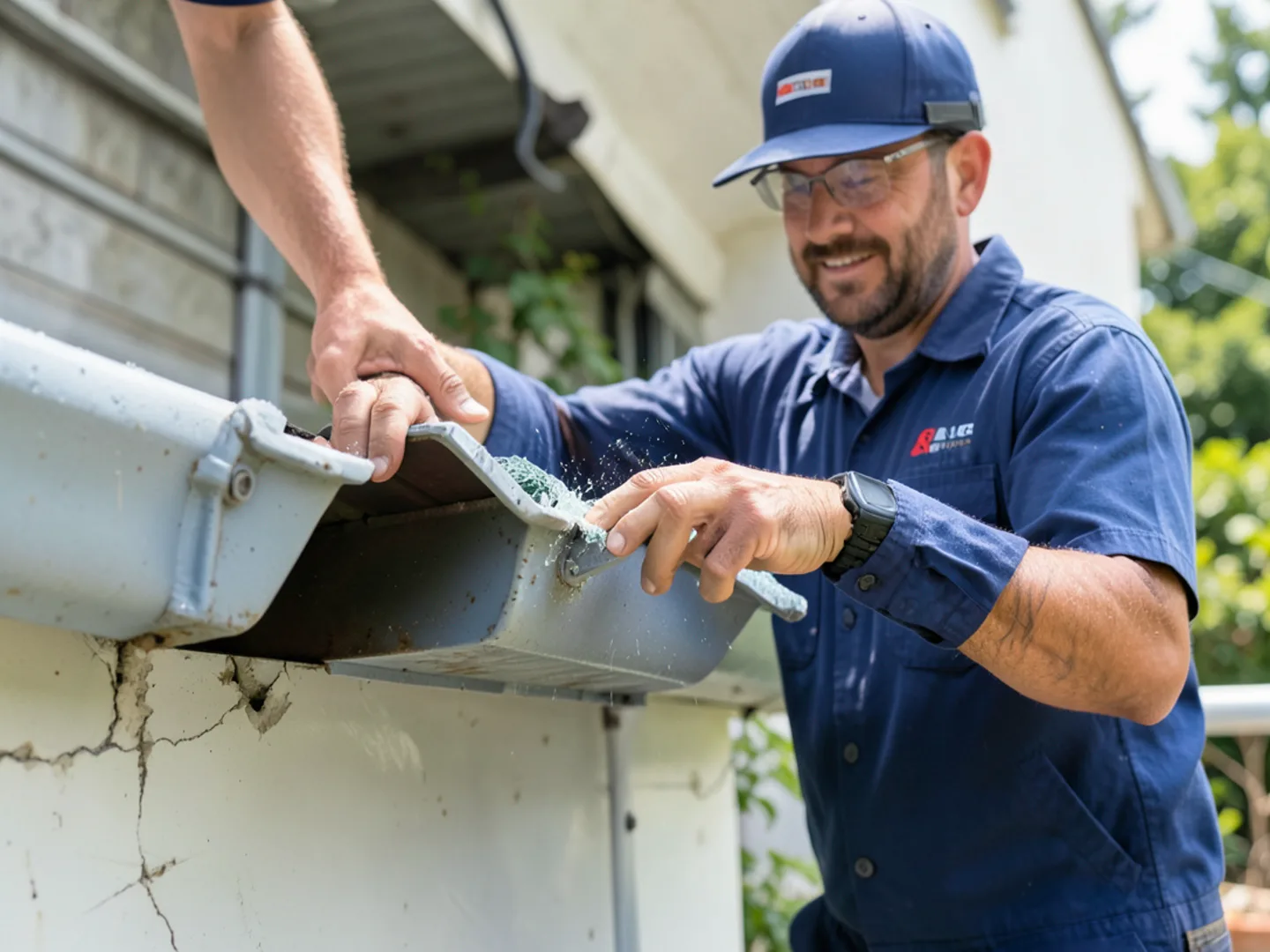 Technician taking high-resolution photos of damaged gutters for insurance adjuster review